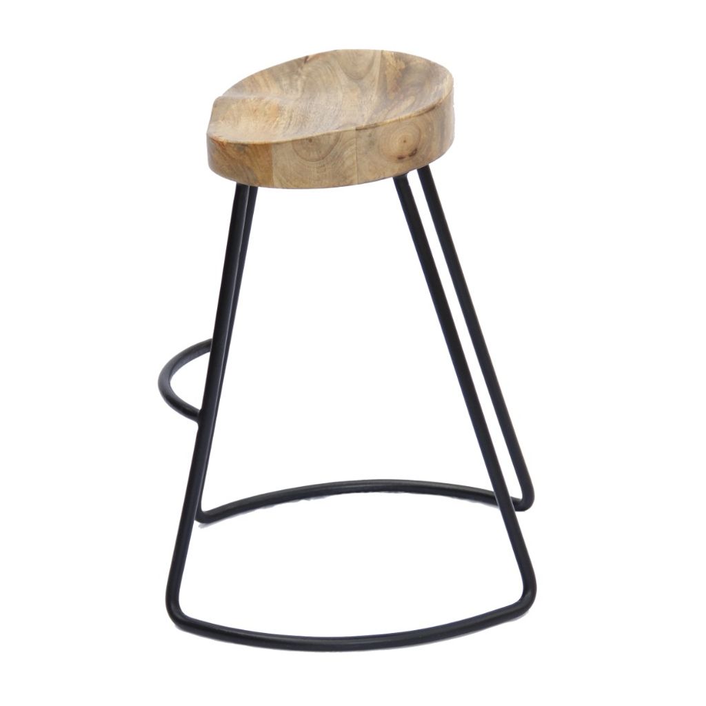 Ela 24 Inch Counter Height Stool, Mango Wood Saddle Seat, Iron Frame, Brown and Black - View 3