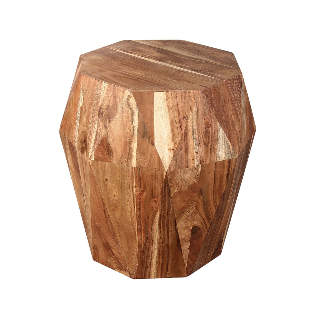 Bon 22 Inch Artisanal Side End Table, Multifaceted Solid Acacia Wood, Octagon Top, Natural Brown