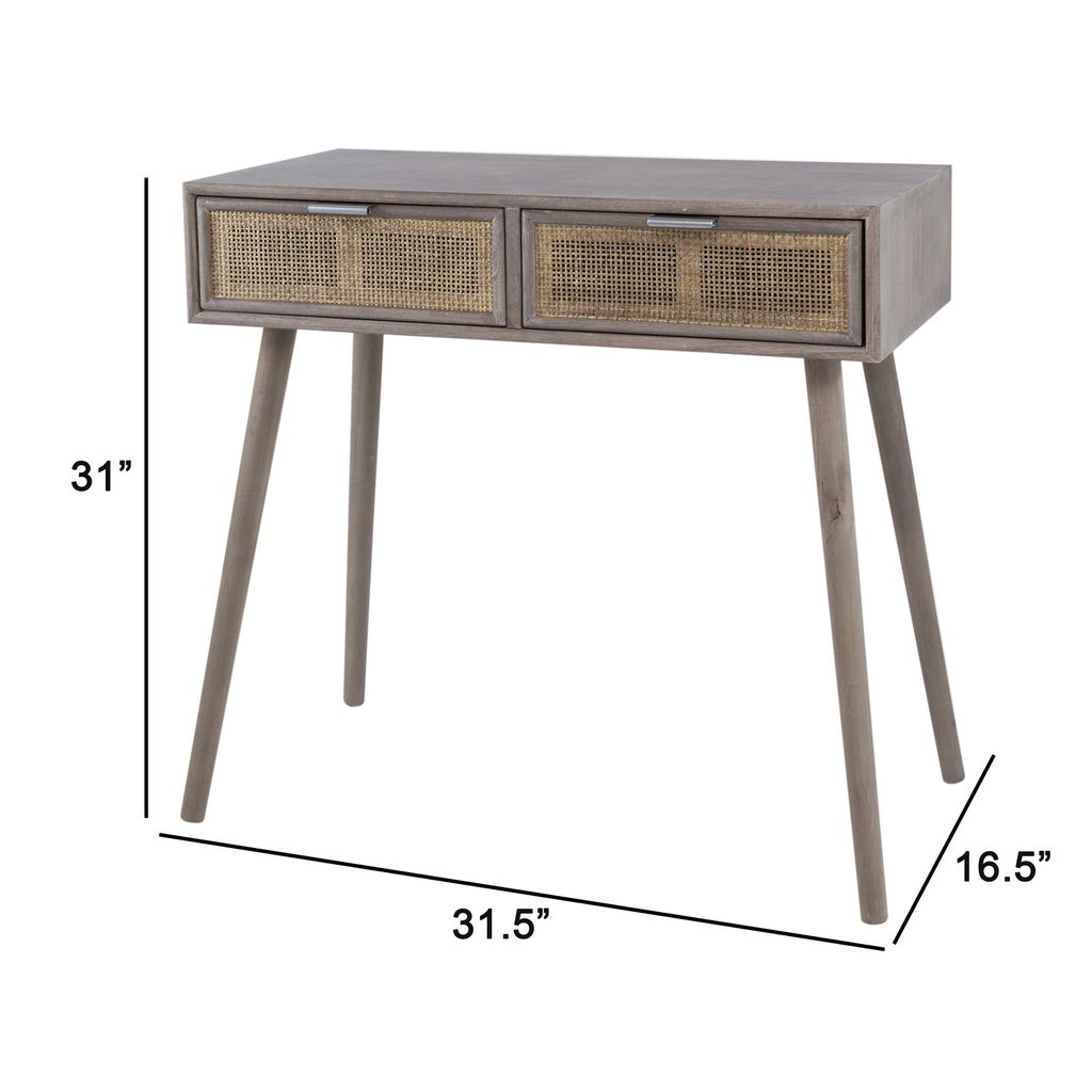 Pia 31 Inch Console Table, Pine Wood, 2 Drawer, Woven Rattan, Rustic Brown - View 5