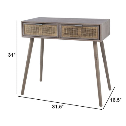 Pia 31 Inch Console Table, Pine Wood, 2 Drawer, Woven Rattan, Rustic Brown - View 5