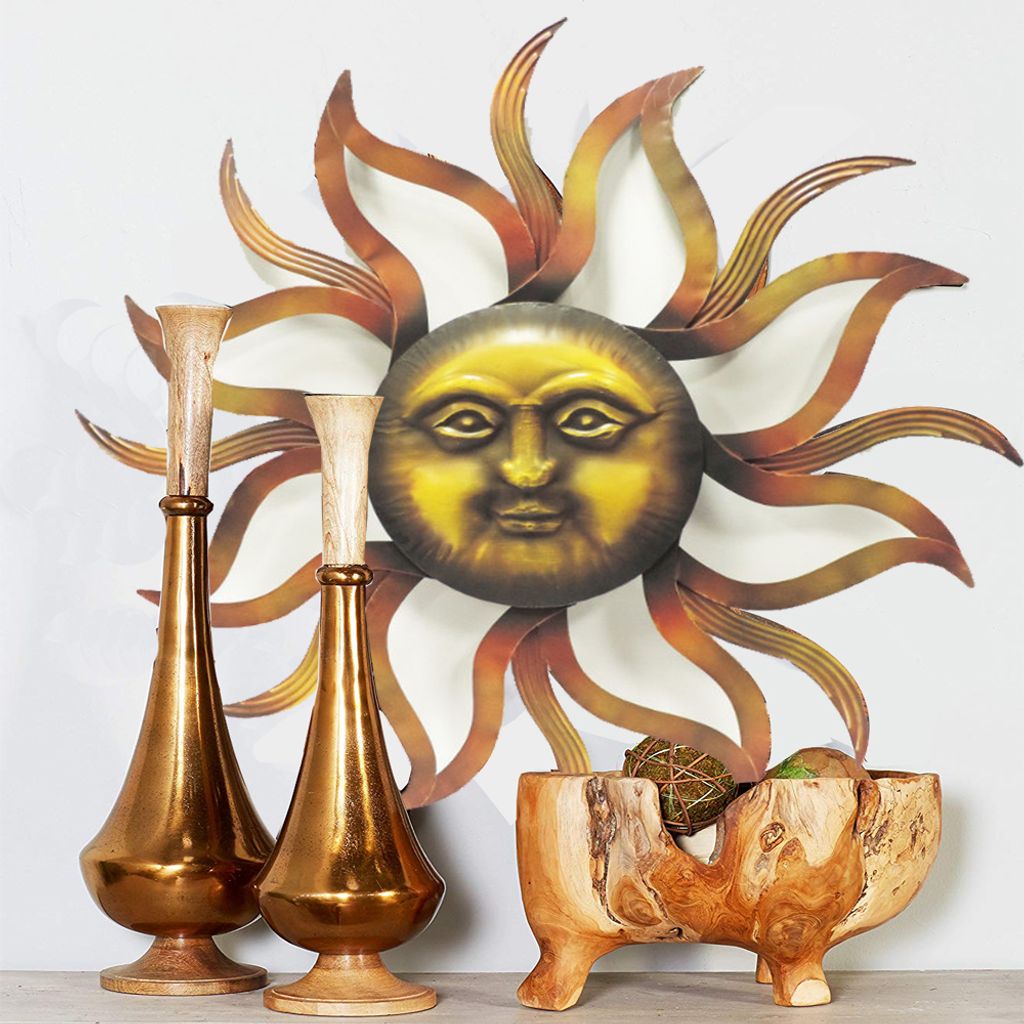 35 Inch Round Wall Mounted Sun Face Accent Decor, Carved Rustic Gold and Black Metal - View 6