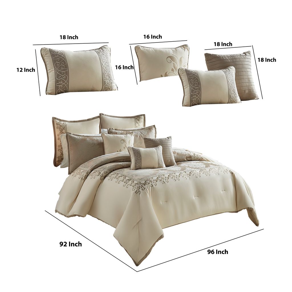 9 Piece Queen Polyester Comforter Set with Damask Print, Cream and Gold - View 6