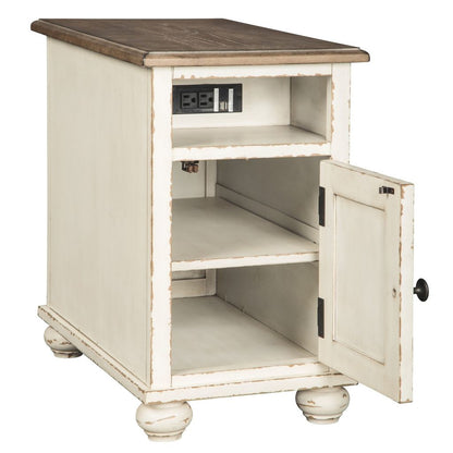 Wooden Chairside End Table with Door, Brown and Antique White - View 2