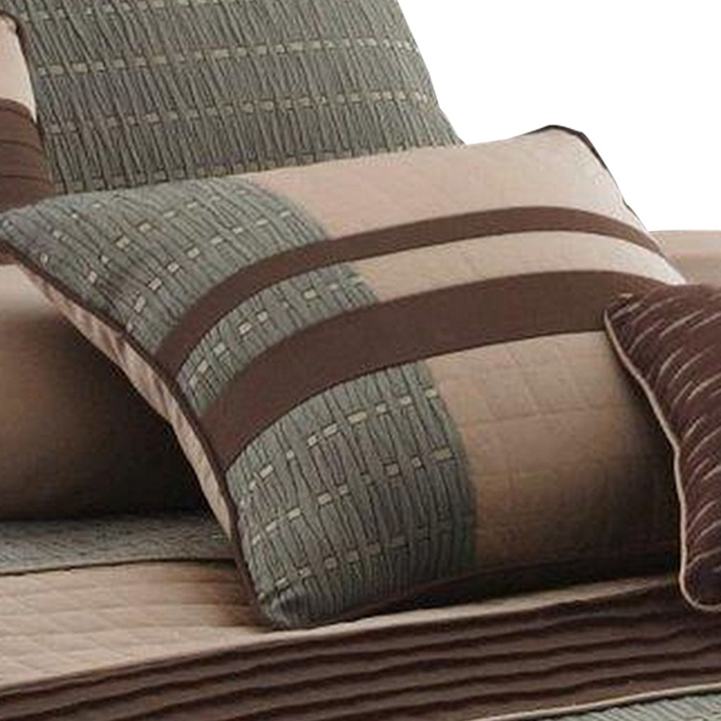 7 Piece Queen Comforter Set with Pleats and Texture, Gray and Brown - View 3