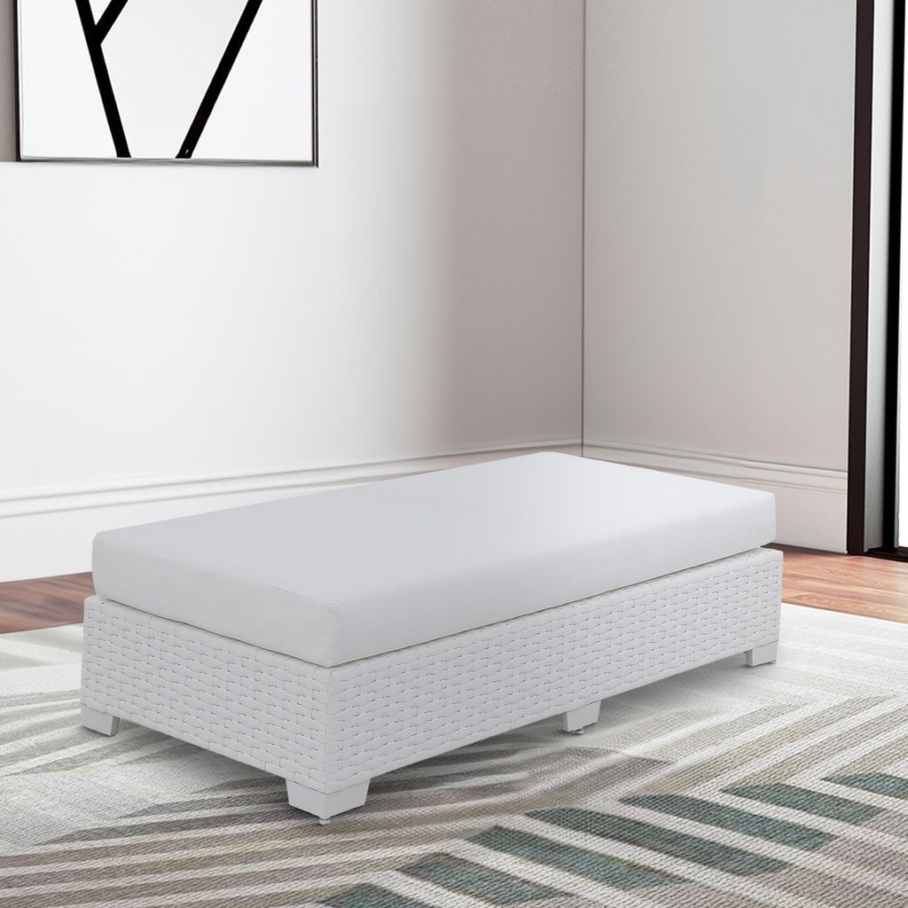 Wicker Aluminum Framed Bench with Fabric Cushion Seat, White - View 7