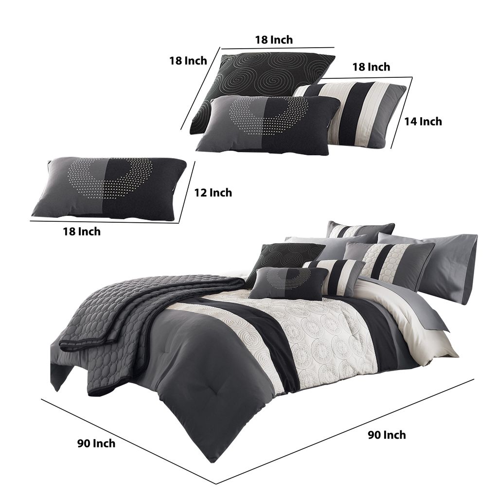 7 Piece Queen Cotton Comforter Set with Geometric Print, Gray and Black - View 6