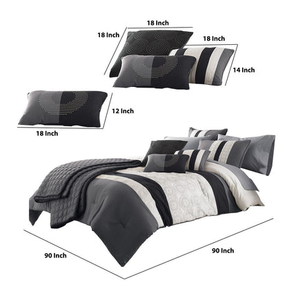 7 Piece Queen Cotton Comforter Set with Geometric Print, Gray and Black - View 6