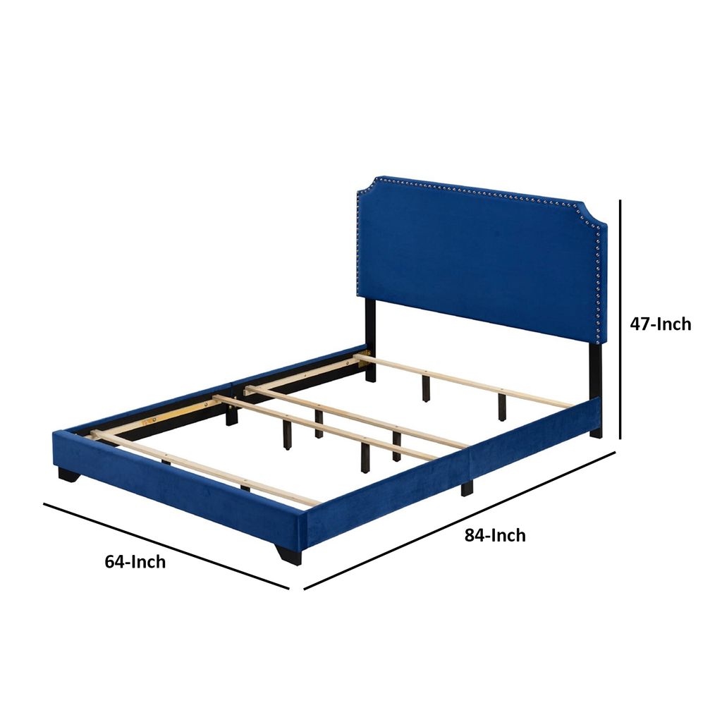 Queen Bed with Platform Style and Nailhead Trim, Blue - View 6