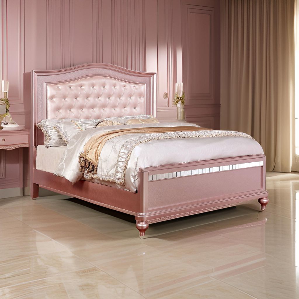 Full Size Wooden Bed With Mirror Trim Details and Camelback Headboard, Pink - View 7