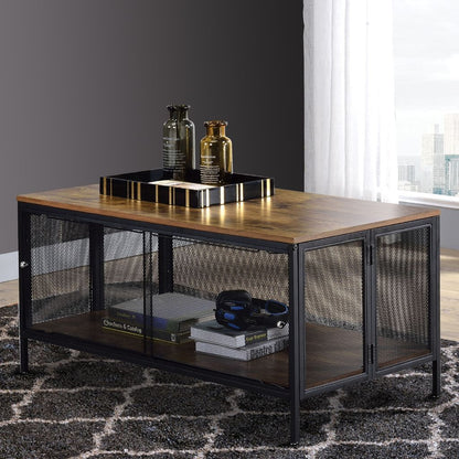 Metal Coffee Table with 1 Bottom Shelf and Mesh Design, Brown and Gray - View 6