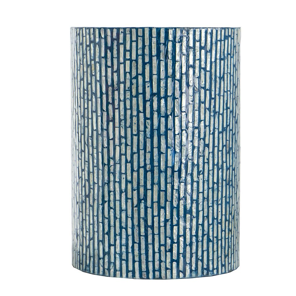 20 Inch Capiz Accent Stool Table, Cylindrical Linear Pattern, Blue, Black - View 2