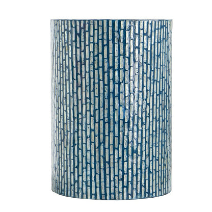 20 Inch Capiz Accent Stool Table, Cylindrical Linear Pattern, Blue, Black - View 2