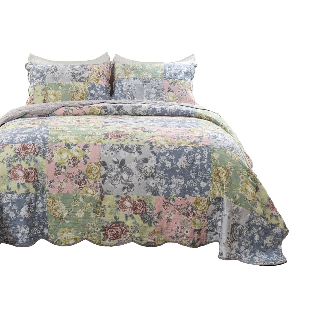 Eni 3 Piece Queen Cotton Quilt Set, Vibrant Pastel Blue Flowers, Scalloped - View 2