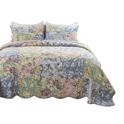 Eni 3 Piece Queen Cotton Quilt Set, Vibrant Pastel Blue Flowers, Scalloped - View 2