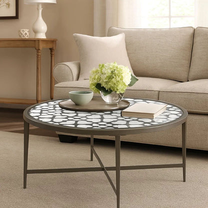 Round Glass Top Coffee Table with X Support Metal Base, Silver - View 7