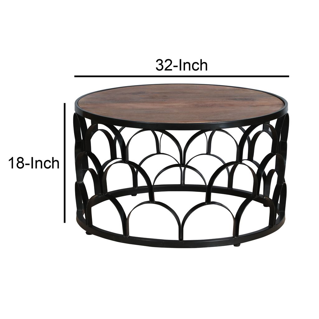 Dex 32 Inch Round Coffee Table, Mango Wood Top, Lattice Cut Out Metal Frame, Brown, Black - View 7