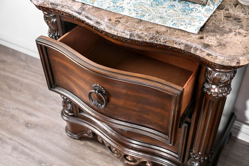 30 Inch Nightstand with 2 Drawers, Classic Marble Top, Ornate Pilasters, Dark Cherry Brown - View 2