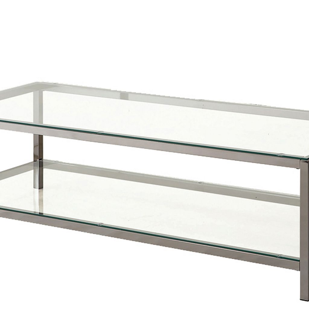 Glass Top Coffee Table with Metal Frame and Open Shelf, Silver - View 2