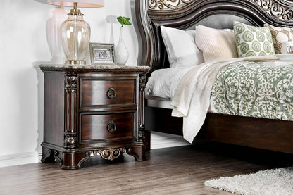 30 Inch Nightstand with 2 Drawers, Classic Marble Top, Ornate Pilasters, Dark Cherry Brown - View 3