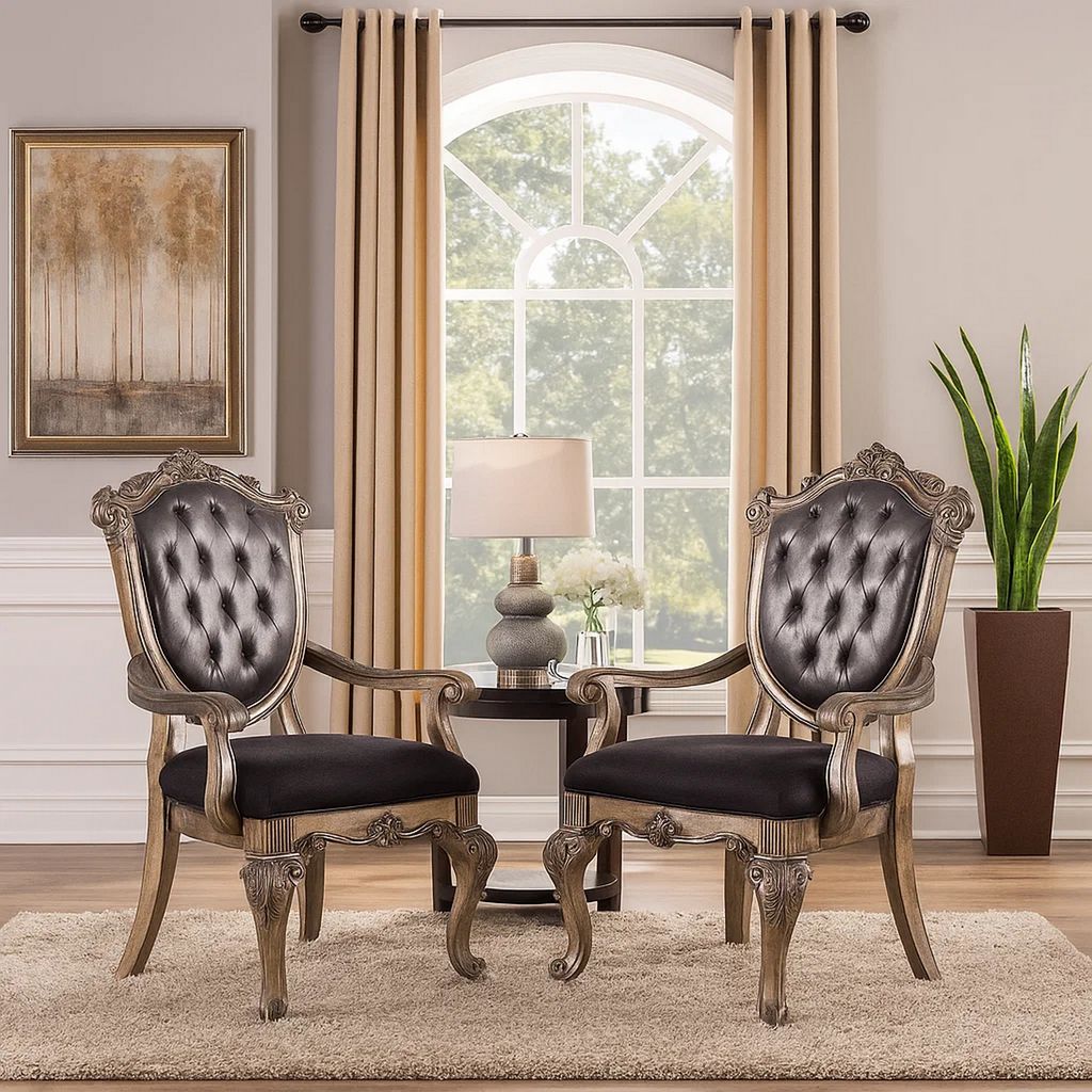 Wooden Arm Chair with Button Tufted Padded Backrest,Set of 2,Silver and Gray - View 7