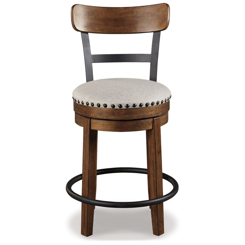 Zane 25 Inch Swivel Counter Height Stool, Round Cushioned Seat, Brown Wood - View 2