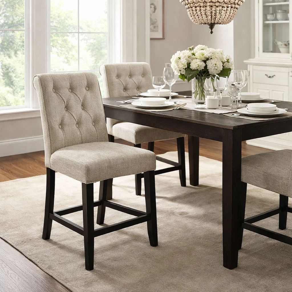 Wooden Fabric Upholstered Counter Height Chair, Ivory And Black, Pack Of Two - View 7