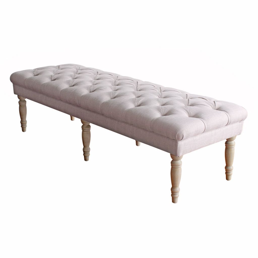 Wooden Bench with Button Tufted Fabric Upholstered Seat and Turned Legs, Cream - View 4