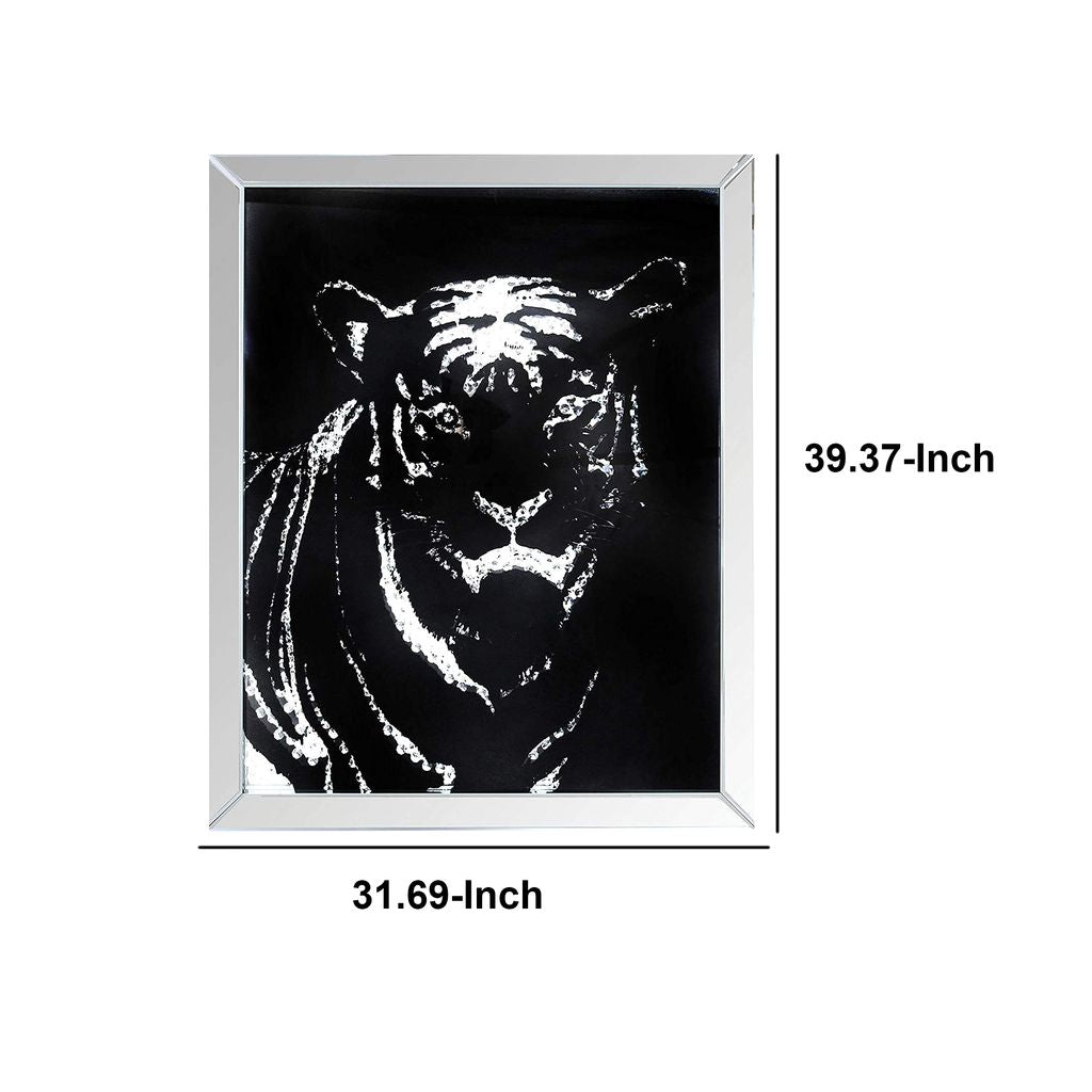 Rectangular Mirror framed Tiger Wall Decor With Crystal Inlays, Black & Silver - View 6