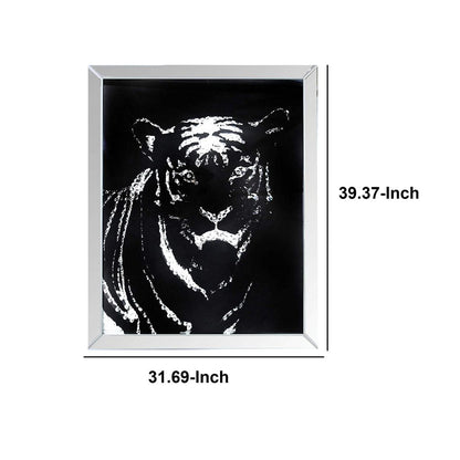 Rectangular Mirror framed Tiger Wall Decor With Crystal Inlays, Black & Silver - View 6