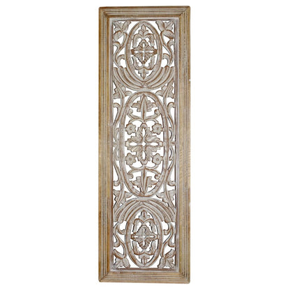 Rectangular Mango Wood Wall Panel Hand Crafted With Intricate Carving, White and Brown