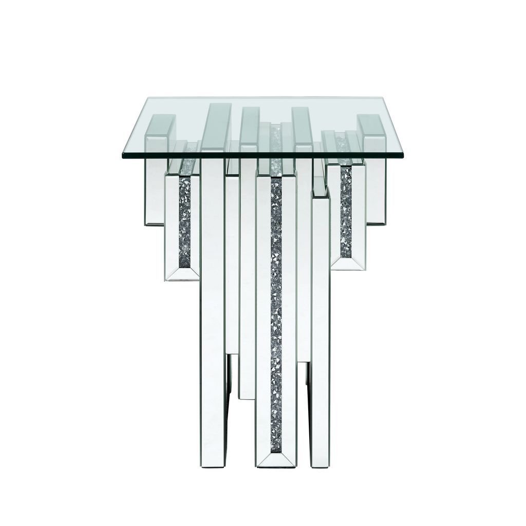 Glass Top End Table with Mirror Panels and Faux Gemstone Accents, Silver - View 2