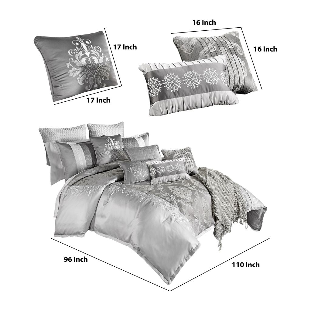 12 Piece King Polyester Comforter Set with Medallion Print, Platinum Gray - View 6
