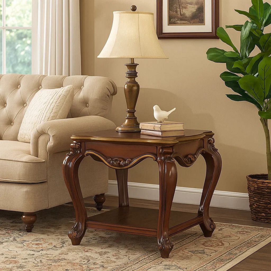 Wooden End Table with Open Bottom Shelf and Carved Details, Brown - View 7