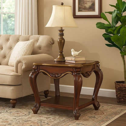 Wooden End Table with Open Bottom Shelf and Carved Details, Brown - View 7