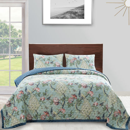Eden 3 Piece King Quilt Set, Peacock Print, Green Microfiber - View 6