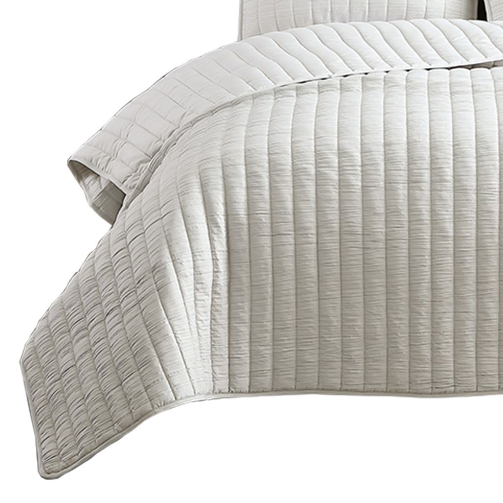 3 Piece Crinkles King Size Coverlet Set with Vertical Stitching, White - View 3