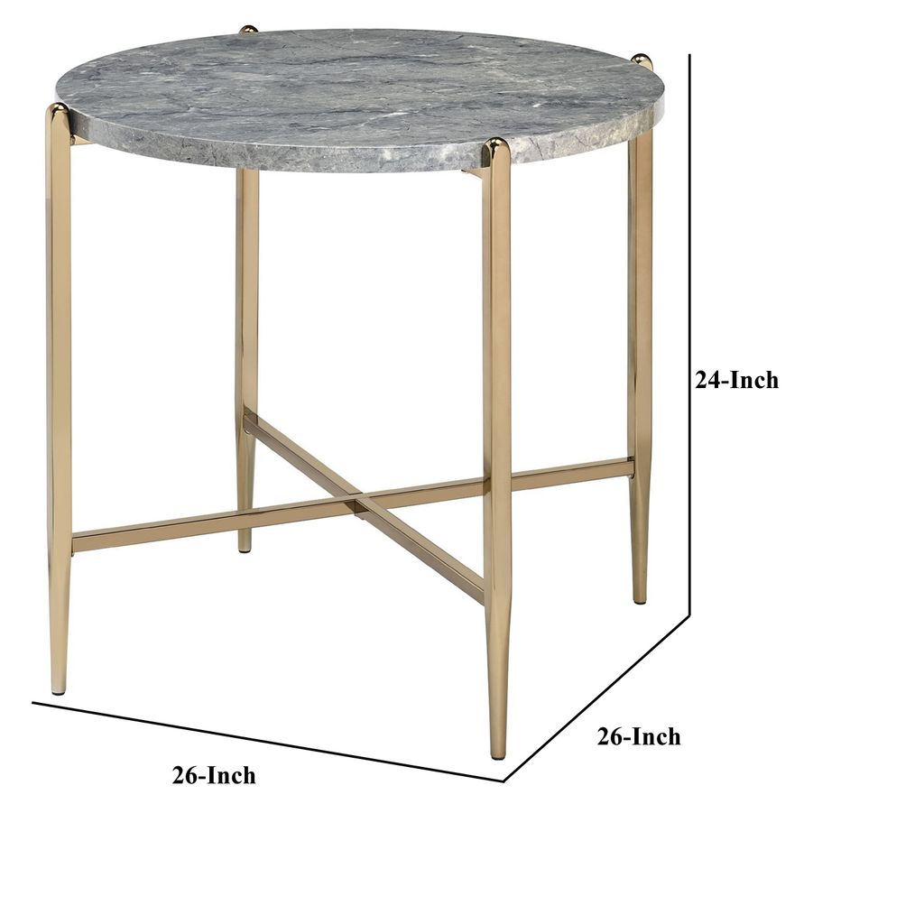 End Table with Oval Marble Top and X Shaped Support, Gray and Gold - View 6