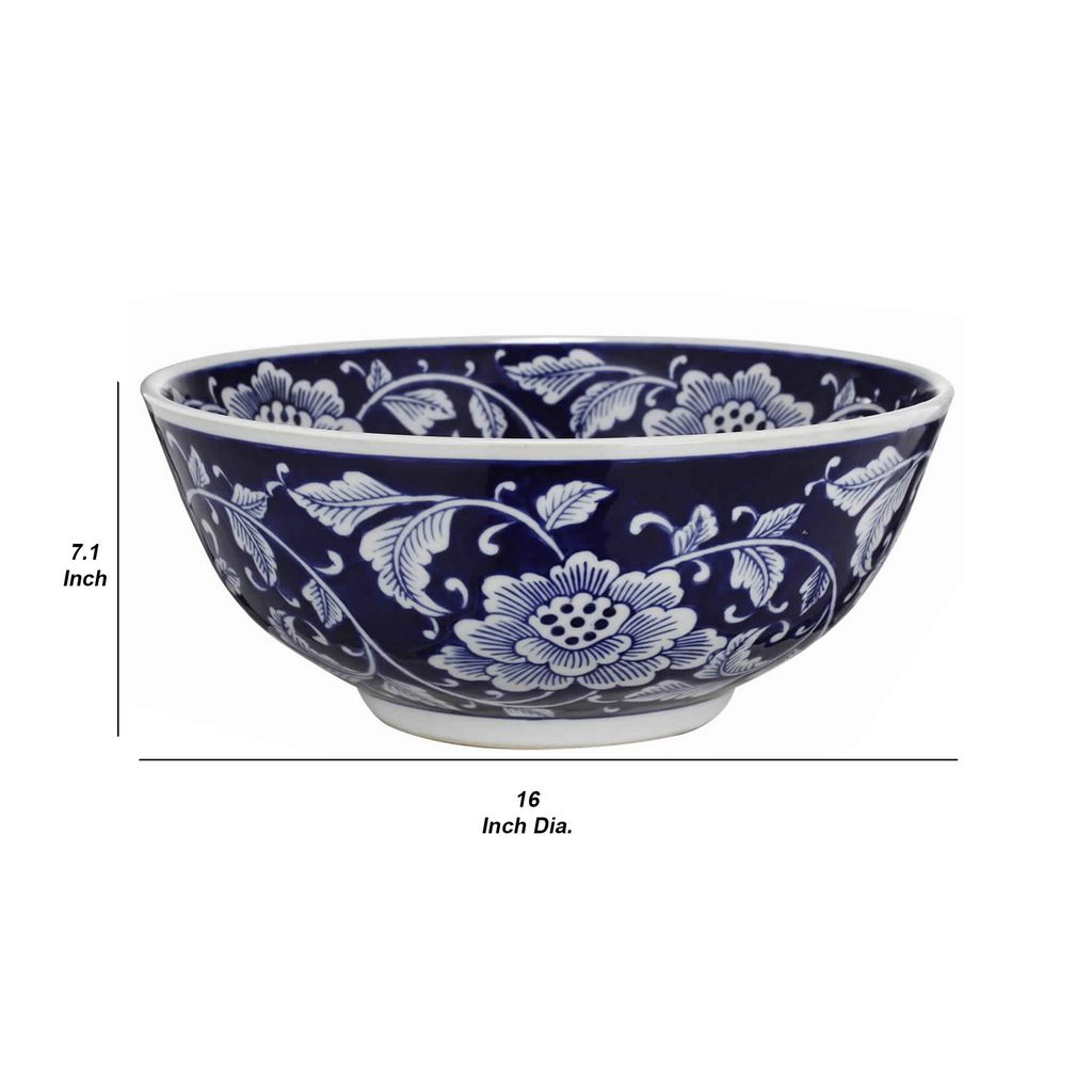 Round Ceramic Bowl with Floral Print, Set of 2, Blue And White, - View 6