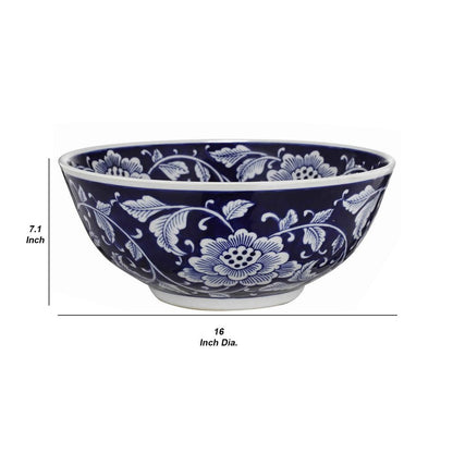 Round Ceramic Bowl with Floral Print, Set of 2, Blue And White, - View 6
