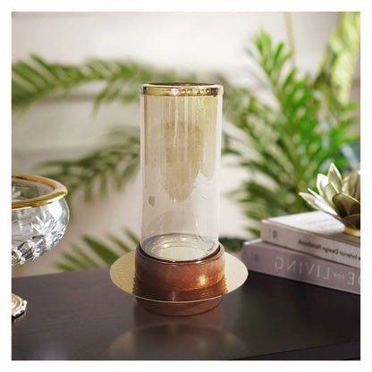 11 Inch Glass Hurricane Candle Holder, Acacia Wood, Small, Gold FInish - View 7