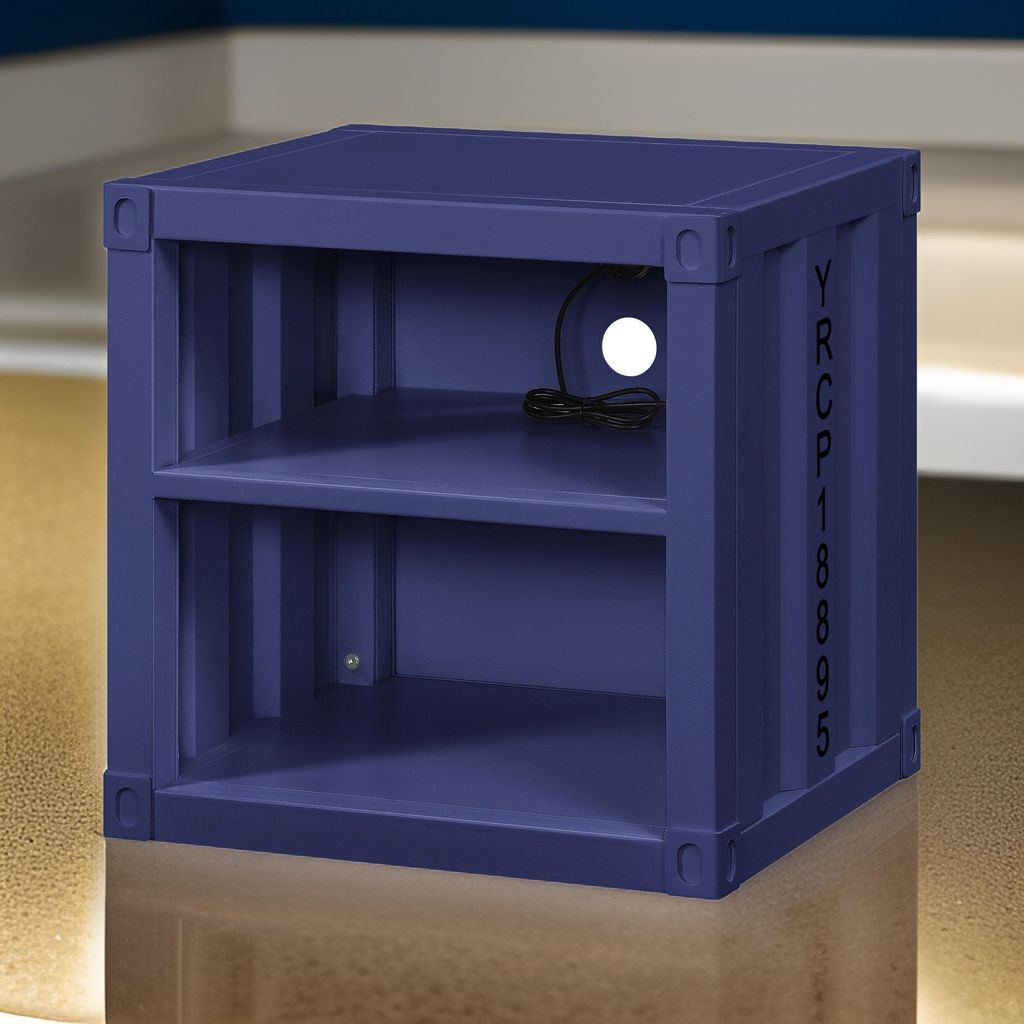 Metal Nightstand with 2 Open Compartment and USB Port, Blue - View 7