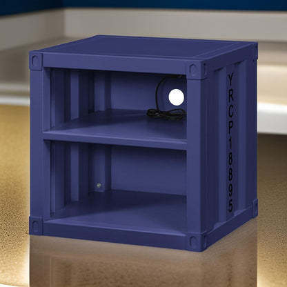 Metal Nightstand with 2 Open Compartment and USB Port, Blue - View 7