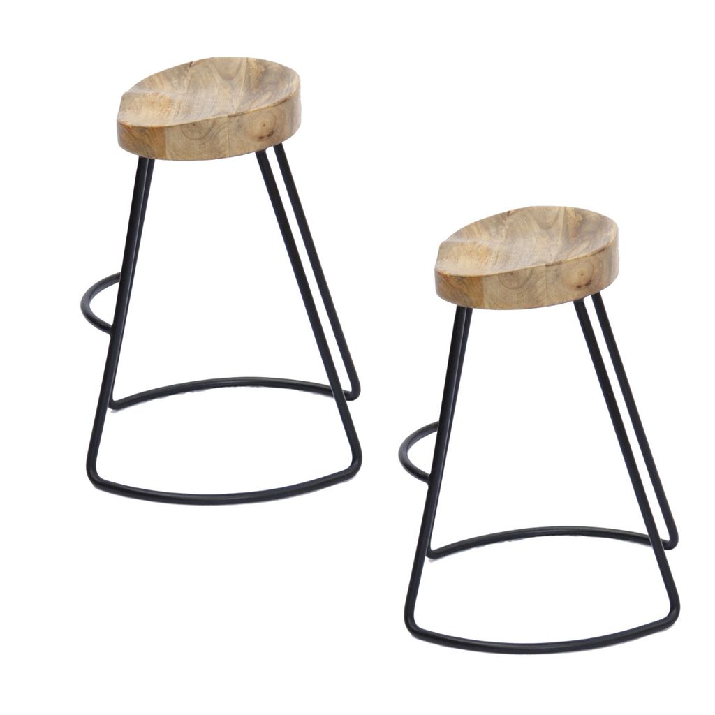 Ela 24 Inch Mango Wood Industrial Counter Height Stool, Saddle Seat, Iron, Set of 2, Brown, Black - View 2