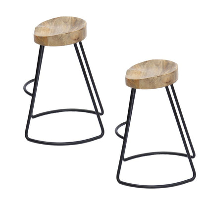 Ela 24 Inch Mango Wood Industrial Counter Height Stool, Saddle Seat, Iron, Set of 2, Brown, Black - View 2