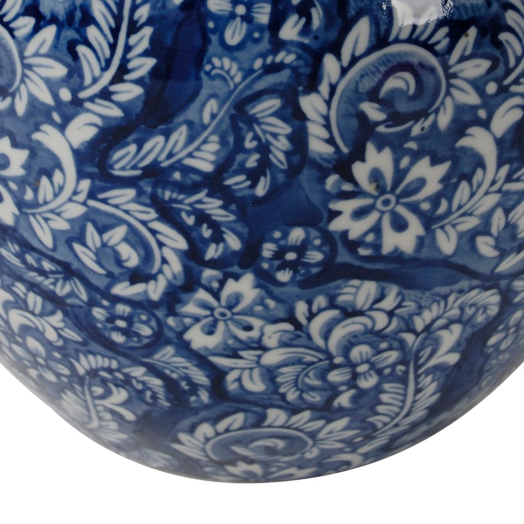 10 Inch Lidded Jar, Curved Round Persian Floral Print, Blue Porcelain - View 4