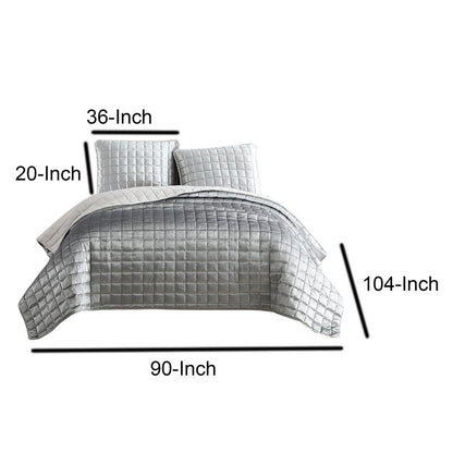3 Piece King Size Coverlet Set with Stitched Square Pattern, Silver - View 6