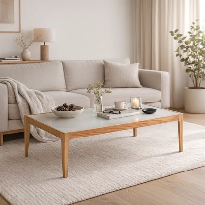 Wooden Frame Rectangular Coffee Table with Beveled Tempered Glass Top, Brown and Clear - View 7