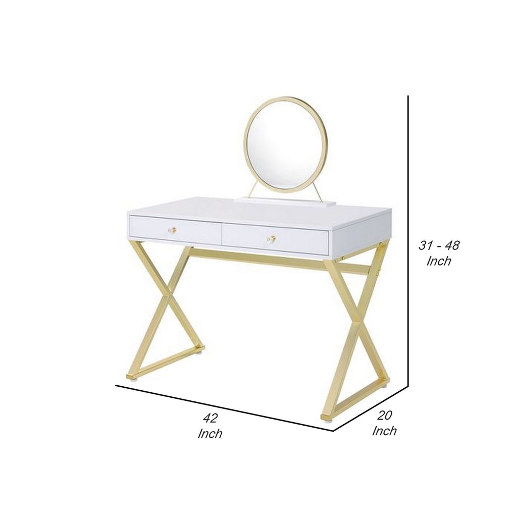 Vanity Desk with Removable Mirror and Cross Metal Legs, White and Gold - View 6