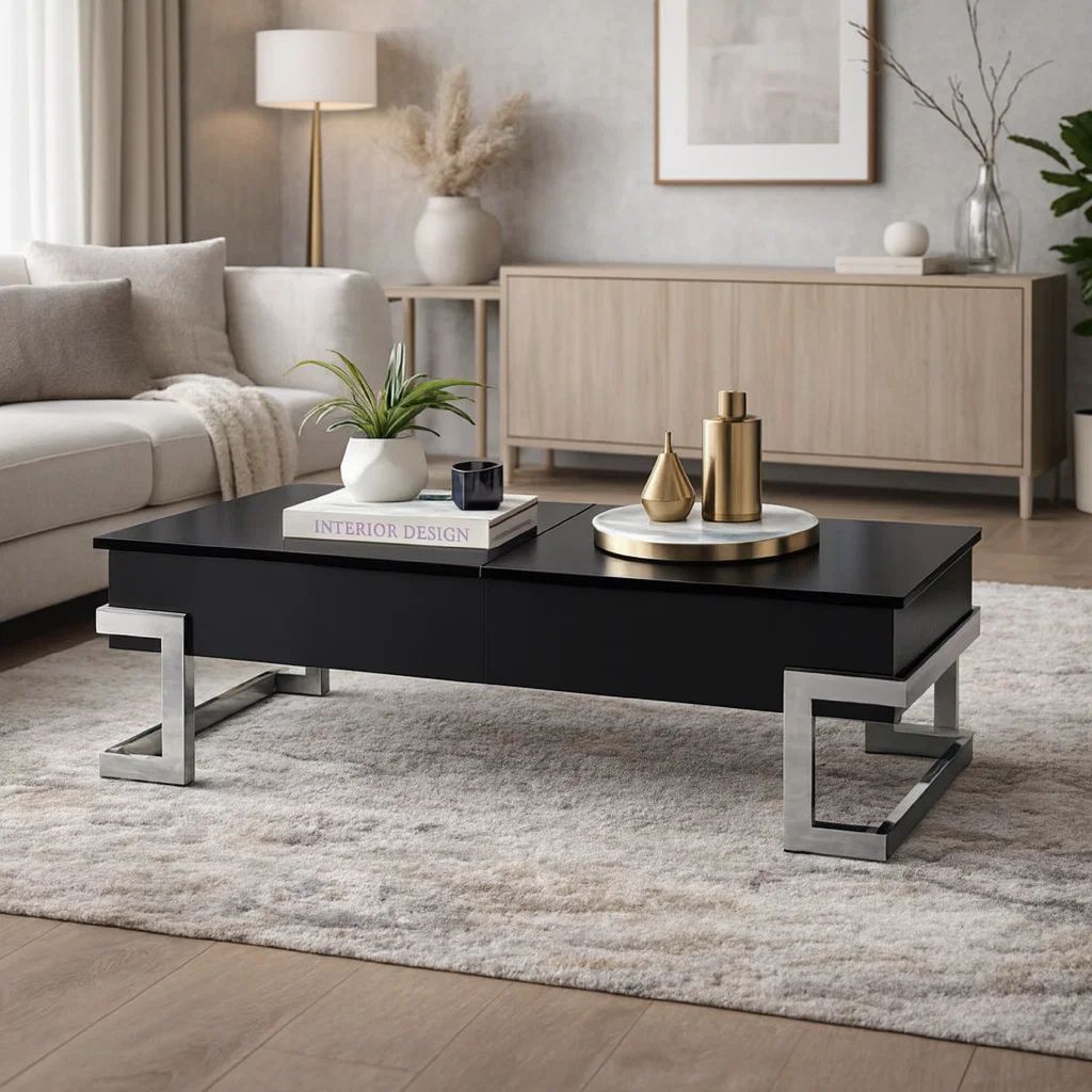 Wooden Coffee Table With Lift Top Storage Space, Black - View 7