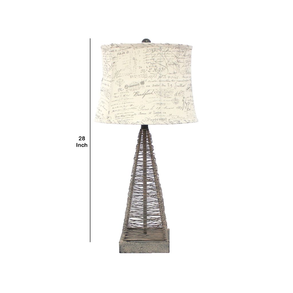 Metal Pyramid Base Table Lamp Set of 2 with Wire Design and Scripted Shade, Gray - View 6